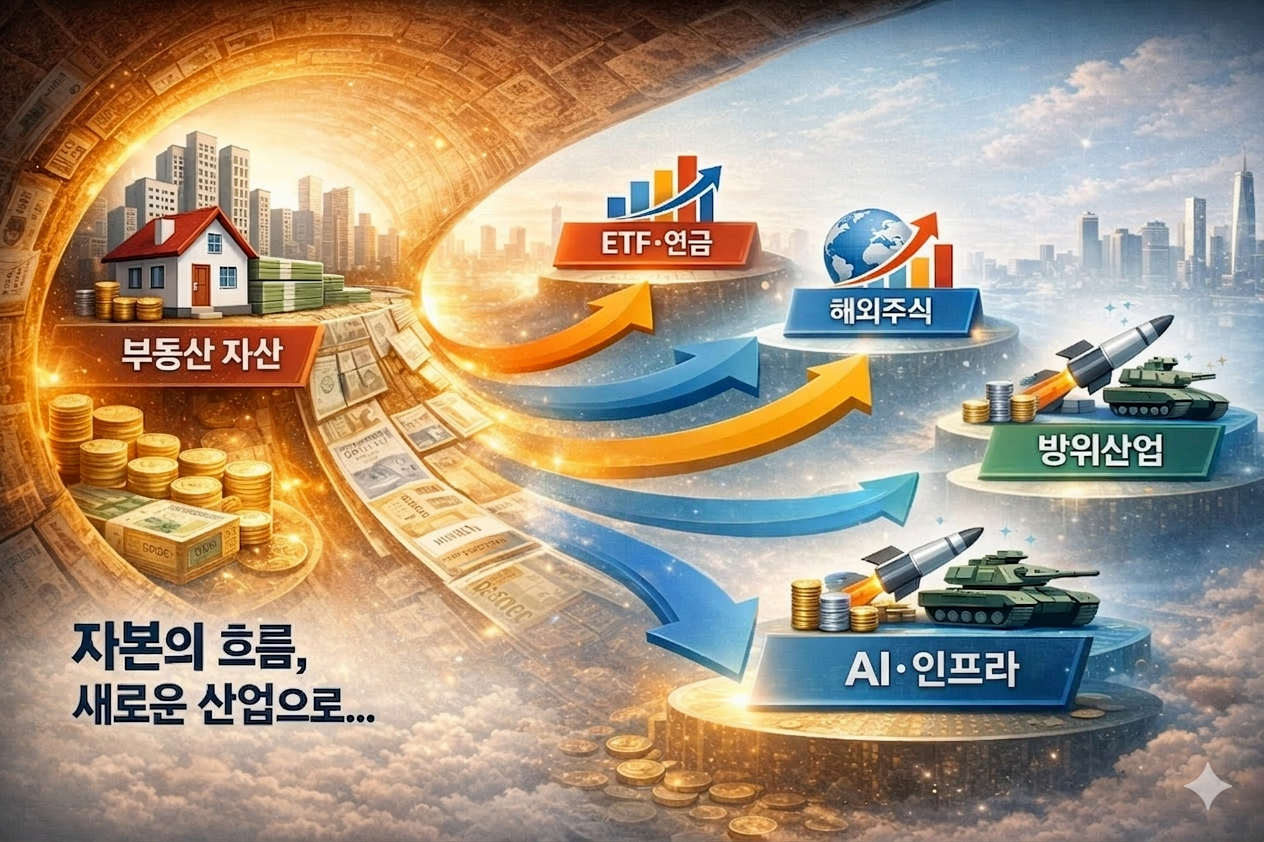 부동산 중심 자산 구조에서 금융&middot;산업 투자로 이동하는 자본 흐름을 표현한 이미지. [사진=챗GPT-제미나이]