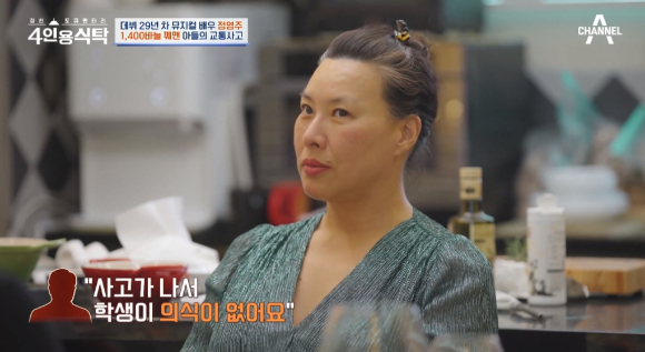 뮤지컬 배우 정영주가 아들의 교통사고 당시를 회상했다. [사진=채널A '절친 토큐멘터리 4인용식탁' 캡처]