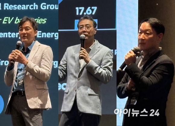 이재헌 LG에너지솔루션 상무, 이승우 삼성SDI 부사장, 김규식 SK온 부사장. [사진=권서아 기자]