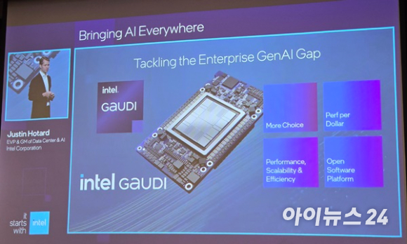 저스틴 호타드 인텔 DCAI 부문 총괄 수석 부사장이 5일 서울 JW메리어트호텔에서 열린 '인텔 AI 서밋 서울 2024'에서 'AI 에브리웨어' 비전에 대해 소개하고 있다. [사진=권용삼 기자]