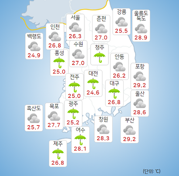 20일 오전 9시 현재 전국 날씨. [사진=기상청 날씨누리]