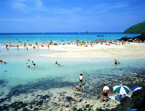 피서객들이 제주 함덕해수욕장에서 수영을 즐기고 있다. [사진=골든크루즈제주]