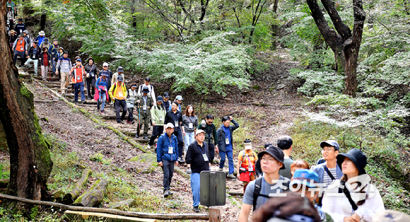 19일 서울 종로구 부암동 백사실 계곡에서 진행된 '스타 고우리와 함께 하는 제10회 희망찾기 등산·트레킹 교실'에서 참가자들이 트레킹을 하고 있다. [사진=곽영래 기자]