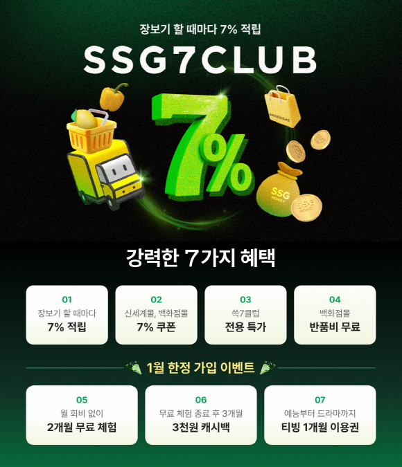 SSG닷컴은 오는 7일 SSG닷컴이 월 구독료 2900원에 장보기 결제 금액의 7%를 고정 적립해주는 '쓱세븐클럽'을 출시한다. [사진=SSG닷컴]