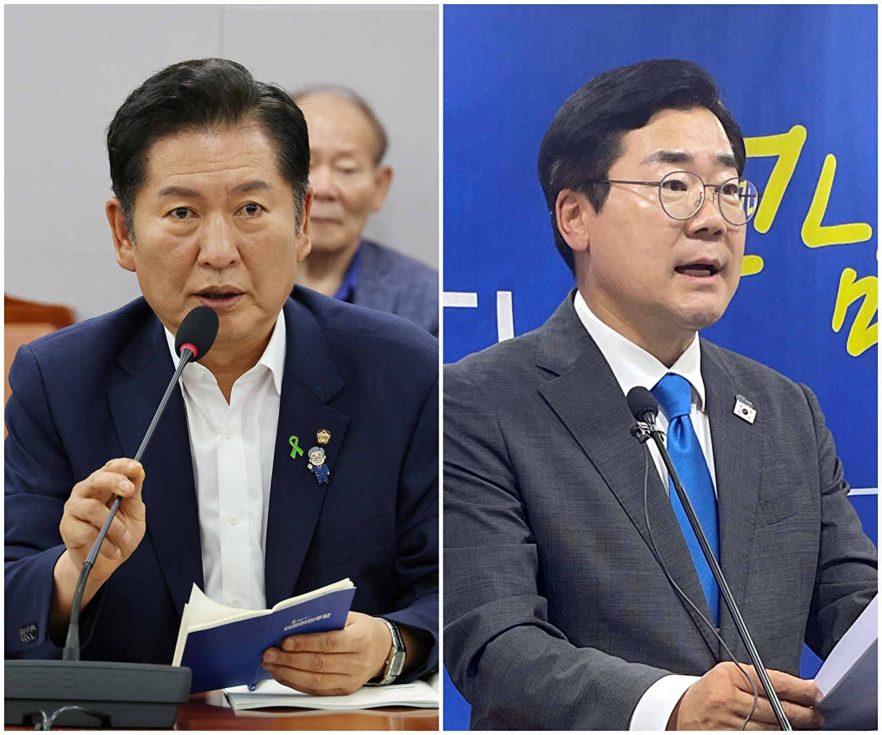 더불어민주당 차기 당 대표 선거에 출마한 정청래 의원이 9일 서울 여의도 국회 의원회관에서 열린 당원 주권 정당개혁 토론회에서 발언하고 있다.(사진 왼쪽) 같은 날 박찬대 의원은 전남 무안군 전남도의회 브리핑룸에서 기자회견을 열고 인사말하고 있다.(사진 오른쪽) 2025.7.9 [사진=연합뉴스]