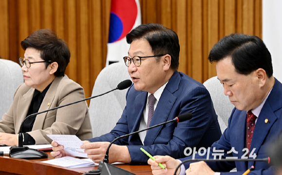정점식 국민의힘 원내대표가 20일 서울 여의도 국회에서 열린 국정감사대책회의에서 발언하고 있다. [사진=곽영래 기자]