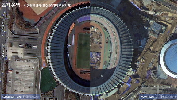 잠실 올림픽 경기장, 다목적3A호(왼쪽)와 다목적7호 시험촬영영상. [사진=우주청]