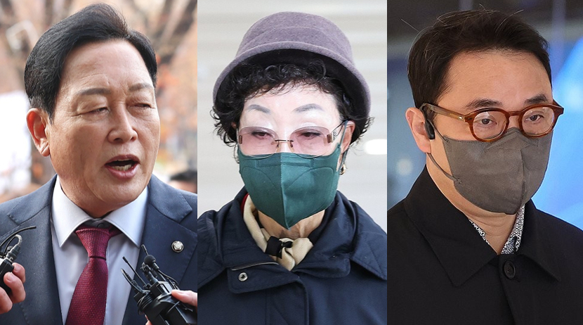 왼쪽부터 김선교 국민의힘 의원(전 양평군수)&middot;김건희 여사 모친 최은순&middot;오빠 김진우씨 [사진=연합뉴스]