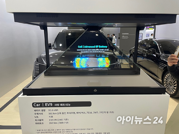 SK온이 6일 서울 강남구 코엑스에서 열린 인터배터리 2024에서 어드밴스드 SF 배터리를 탑재한 기아의 EV9을 부스에 전시했다. [사진=송대성 기자]