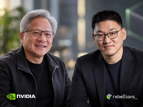 젠슨 황 엔비디아 CEO(왼쪽)와 박성현 리벨리온 대표를 챗GPT로 생성한 이미지. [자료=엔비디아, 리벨리온]