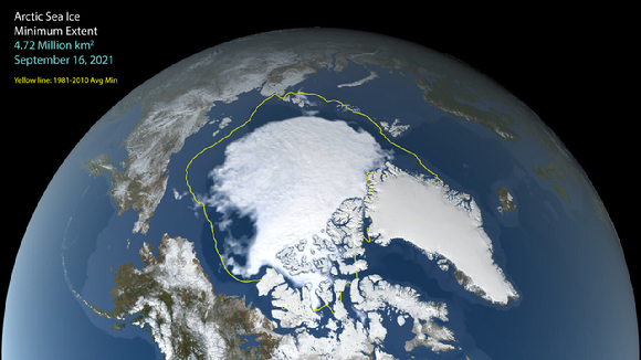 2021년 9월 북극 바다 얼음 분포. 노란색은 1981~2010년 평균값이다. 평균값보다 훨씬 작은 규모를 보였다. [사진=NASA 기후변화]