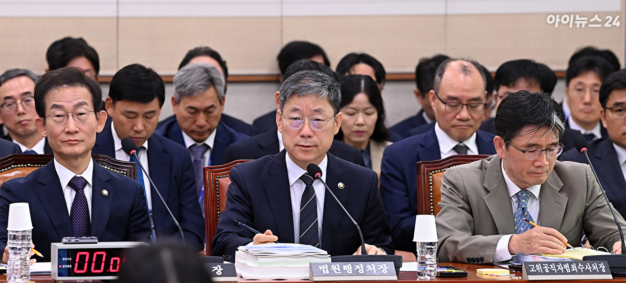 노경필 법원행정처장이 26일 국회 법제사법위원회에서 열린 법무부, 고위공직자범죄수사처, 대법원(법원행정처) 등에 대한 종합감사에서 질의에 답하고 있다. [사진=곽영래 기자]