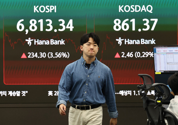 13일 장 마감 후 서울 중구 하나은행 딜링룸 [사진=연합뉴스]