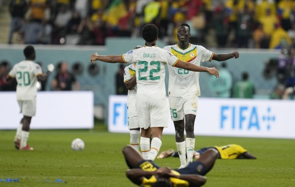 세네갈 선수들이 2022 카타르월드컵 A조 조별리그 3차전 에콰도르와 맞대결에서 2-1로 이긴 뒤 환호하고 있다. 패한 에콰도르 선수들은 그라운드에 누워 경기 결과에 아쉬워하고 있다. [사진=뉴시스]