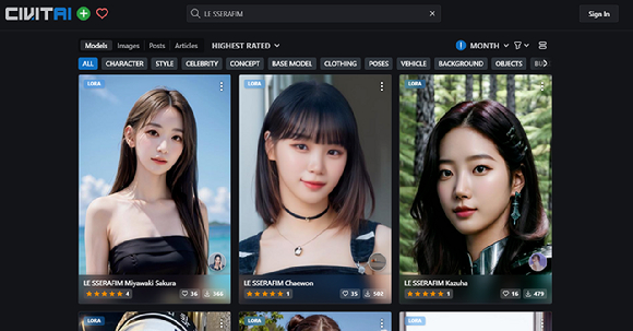 생성형 인공지능(AI) 모델 공유 사이트 시빗AI(CivitAI)에는 이용자들이 뉴진스, 르세라핌, 아이브, 에스파, 트와이스 등과 같은 K팝 걸그룹 멤버의 이미지를 학습시킨 데이터가 올라와있다. [사진=CivitAi.com 캡처]