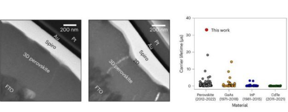 페로브스카이트 태양전지 단면 투과전자현미경 이미지(왼쪽)과 다양한 물질들의 캐리어 수명 비교(맨 오른쪽). [사진=성균관대학교]