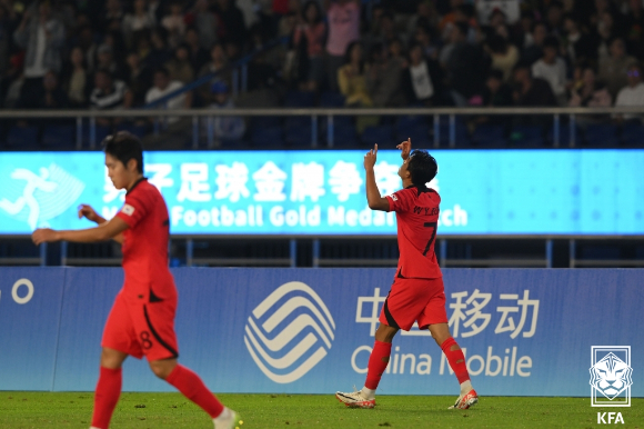 정우영이 득점 이후 세리머니를 하고 있다. [사진=대한축구협회(KFA)]