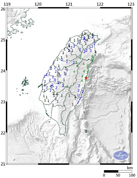 22일 오후 5시8분(현지시간)께 대만 화롄에서 발생한 지진(빨간 별 부분) [사진=대만 기상청(cwa) 홈페이지]