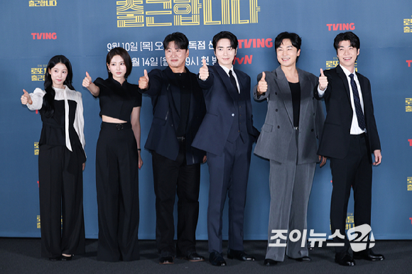 배우 오대환, 이준혁, 서현우가 8일 오전 서울 용산구 CGV 용산아이파크몰점에서 진행된 티빙 오리지널 '로또 1등도 출근합니다' 제작발표회에 참석해 포즈를 취하고 있다. [사진=문수지 기자]