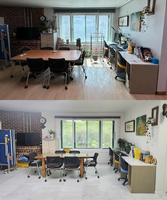 LX하우시스가 공동생활가정 주거환경 개선 지원 활동을 지원했다. 개소수 이전(위) 모습과 보수 이후의 모습. [사진=LX하우시스]