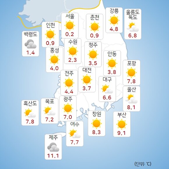 28일 오전 9시 현재 전국 날씨. [사진=기상청 날씨누리]