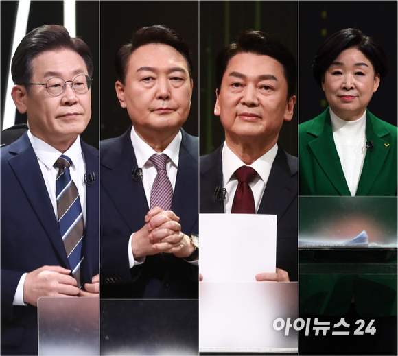 3일 오후 서울 여의도 KBS 공개홀에서 열린 방송 3사 합동 초청 2022 대선후보 토론에서 후보들이 리허설 준비를 하고 있다. 왼쪽부터 이재명 더불어민주당 대선후보, 윤석열 국민의힘 대선후보, 안철수 국민의당 대선후보, 심상정 정의당 대선후보. [사진=국회사진취재단]