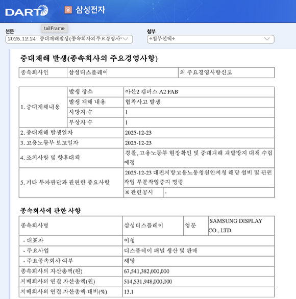 삼성전자 "삼성디스플레이 협력사 직원 끼임사고 사망" 공시