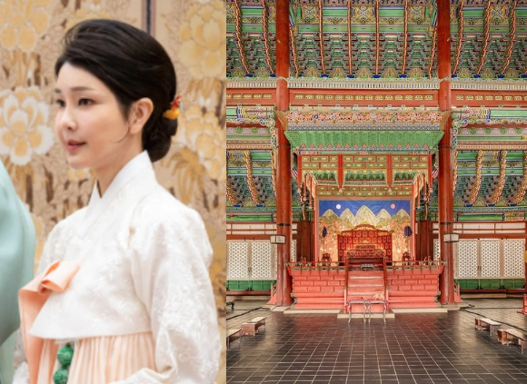 김건희 여사가 어좌에 앉은 사실이 국회 문화체육관광위원회 국정감사에서 공개됐다. (오른쪽) 경복궁 근정전 어좌 [사진=대통령실, 국가유산청]