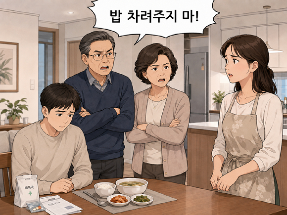 치료를 위해 자신의 집에 머무는 동생을 두고 "밥 차려주지 말라"고 매정하게 요구하는 시부모님을 겪었다는 사연이 화제가 되고 있다. 그림은 챗GPT로 생성한 인공지능(AI) 이미지. [이미지=챗GPT]