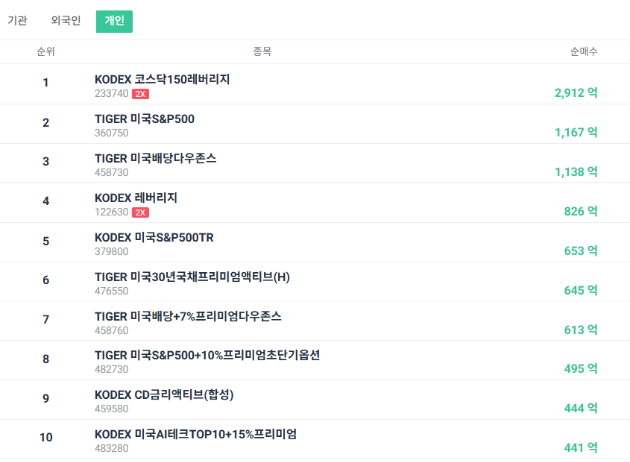 최근 1개월간 개인 투자자 순매수 10위까지 국내 시장을 기반으로 하는 ETF는 3개 뿐이다. [사진=ETF체크]