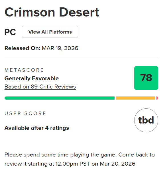 '붉은사막'이 메타크리틱에서 78점을 기록했다. [사진=메타크리틱]