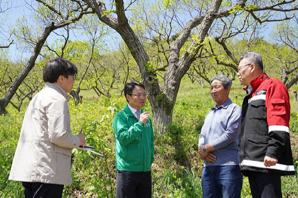 박은식 산림청장(왼쪽에서 두번째)이 24일 밤 재배임가를 방문해 민생현장을 점검하고 있다 [사진=산림청]