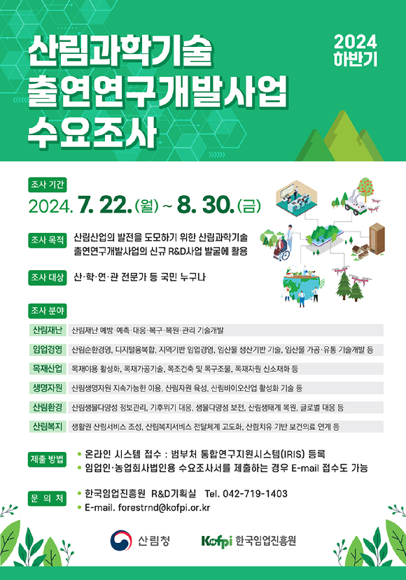 산림청은 한국임업진흥원과 함께 산림과학기술 출연연구개발사업(R&D) 수요조사를 실시한다. 사진은 사업 관련 인포그래픽이다. [사진=산림청]