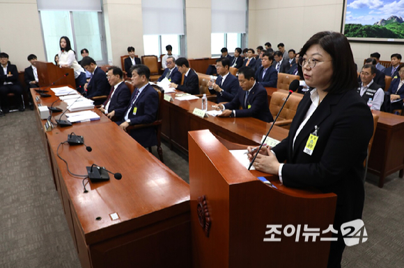 김주영 어도어 대표이사 겸 하이브 최고인사책임자가 15일 오후 국회에서 열린 환경노동위원회의 국정감사에 증인으로 출석해 의원 질의에 답변하고 있다. [사진=곽영래 기자]