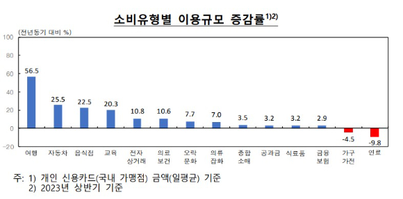 소비유형별 신용카드 이용 금액 증감률. [자료=한국은행]