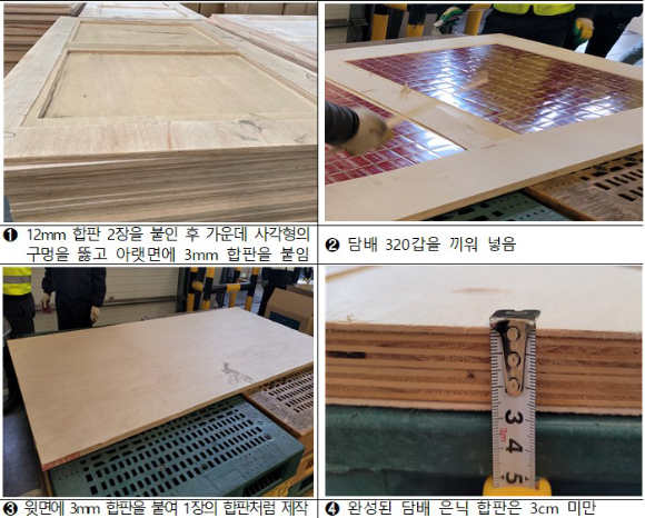 부산세관이 수출 검사 중 합판 속에 숨긴 밀수출 담배를 적발한 모습. [사진=부산세관]