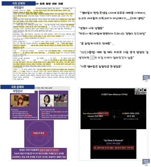 민형배 더불어민주당 의원이 24일 국회 문화체육관광위원회 종합국정감사 영상에서 공개된 하이브 내부 리포트 자료 갈무리 [사진=MBC]