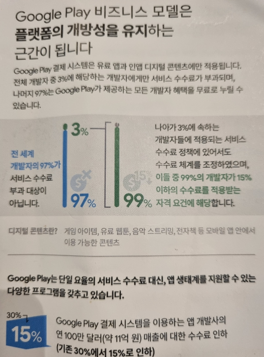 구글이 지난 6일 행사에서 배부한 팸플릿의 모습. 구글이 자신들의 서비스 수수료 모델이 스타트업 친화적이라는 사실을 부각하고 있다.