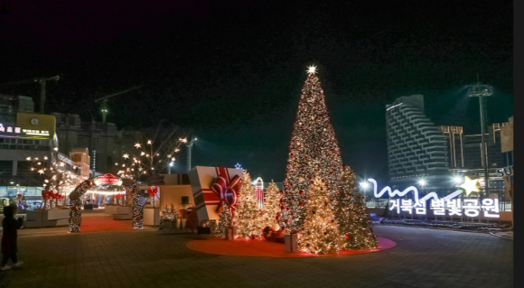 최근 시흥시 거북섬 별빛 공원에 설치 된 크리스마스 트리 앞에서 시민 등이 기념 사진을 찍고 있다. [사진=시흥시]