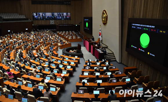3일 오후 서울 여의도 국회에서 열린 본회의에서 '2030 부산세계박람회(EXPO)의 성공적 유치·개최를 위한 결의안'이 통과되고 있다. [사진=김성진 기자]