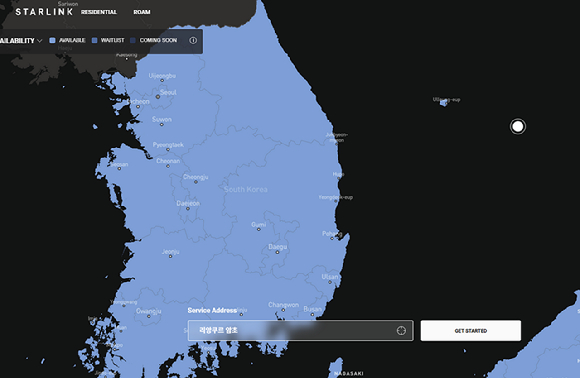 스타링크 홈페이지 내 '서비스 가능 지역 지도'(Availability Map) 이미지. 한국 서비스 가능 지역에서 독도가 누락돼 있다. 검색창에서 'Dokdo'를 검색해도 '독도' 대신 '리앙쿠르 암초'라는 명칭이 뜬다. [사진=스타링크 갈무리]