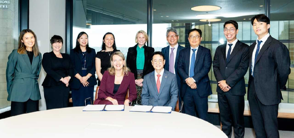 NH아문디자산운용은 IFM인베스터스와 ESG 협력투자를 위한 업무협약을 체결했다. 앞줄 좌측 루바 니쿨리나(Luba Nikulina) IFM인베스터스 최고전략책임자, 앞줄 우측 박학주 NH-Amundi자산운용 대표이사. [사진=NH아문디자산운용]