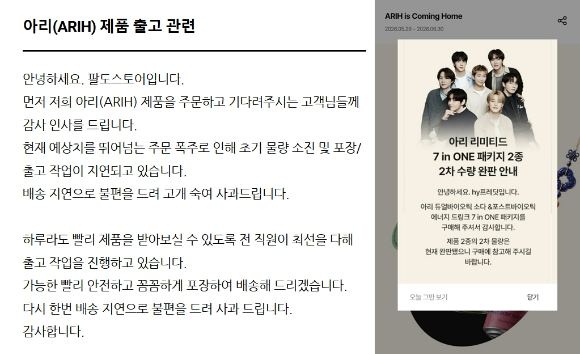hy와 팔도 네이버 브랜드스토어에 아리 관련 제품의 출고 지연 및 리미티드 패키지 완판 안내가 게시돼 있다. [사진=구서윤 기자]