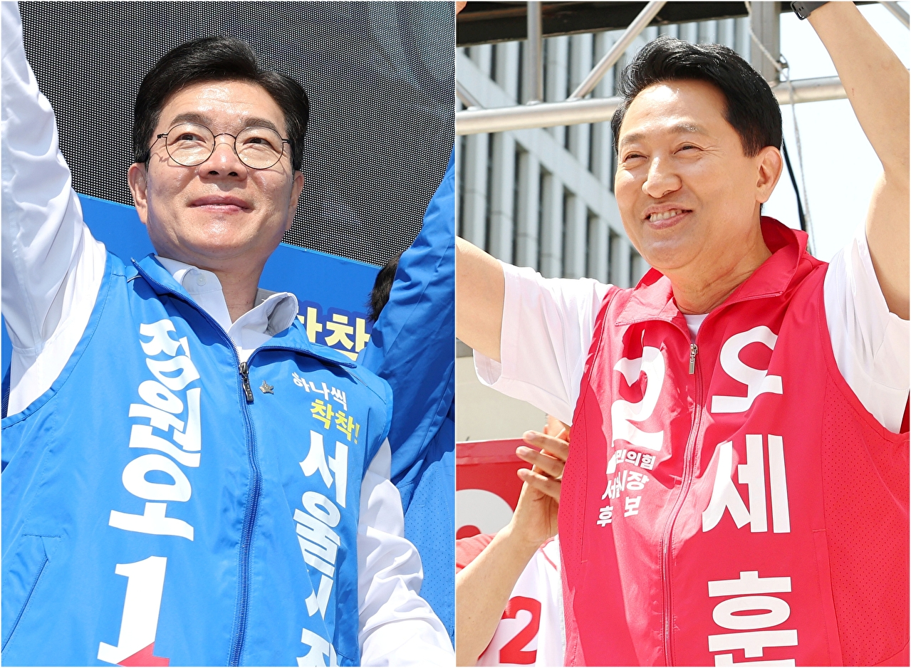 지난 23일 더불어민주당 정원오 서울시장 후보가 서울 서대문구 홍제동 일대에서(사진 왼쪽), 국민의힘 오세훈 서울시장 후보가 강서구 발산역 인근 광장에서(사진 오른쪽) 유세하고 있다. 2026.5.23 [사진=연합뉴스]
