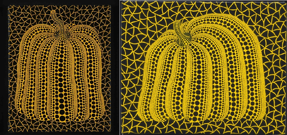 미술품 조각투자 1호로 투자계약증권 공모를 시작한 열매컴퍼니와 증권신고서를 제출한 투게더아트가 '현대 미술계의 대모'로 불리는 쿠사마 야오이의 대표 연작시리즈 '호박'을 공모 기초자산으로 제시했습니다. 사진은 열매컴퍼니의 '호박'(왼쪽)과 투게더아트의 '호박'. [사진=각 사]