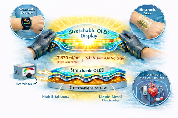 늘려도 밝기가 떨어지지 않는 신축성 유기 발광 다이오드(OLED)가 나왔다. [사진=KAIST]