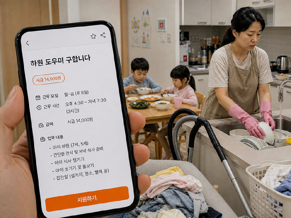 아이 둘의 하원과 식사, 샤워, 집안일 등의 업무를 소화해야 하는 '하원도우미' 아르바이트(하원알바)가 시급 1만 4000원에 올라온 것을 두고 누리꾼들 사이에서 갑론을박이 벌어지고 있다. 사진은 챗GPT로 생성한 인공지능(AI) 이미지. [사진=챗GPT]