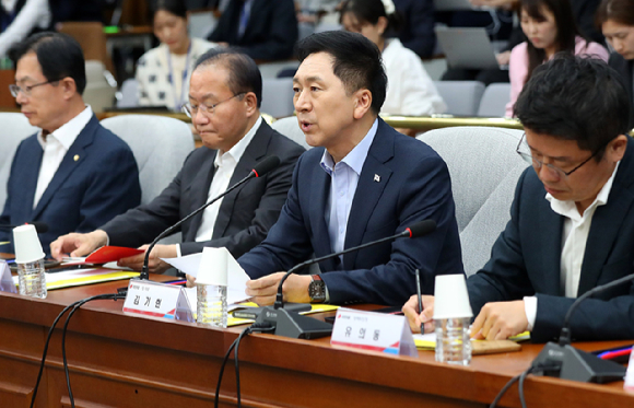 김기현 국민의힘 대표가 지난 22일 국회에서 열린 제13차 고위당정협의회에서 발언하고 있다. [사진=뉴시스]