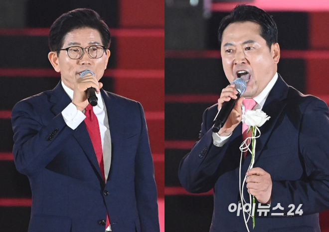 22일 오후 충북 청주 오스코에서 열린 국민의힘 제6차 전당대회에서 결선 진출자로 확정된 김문수 후보와 장동혁 후보가 각각 연설에 나서고 있다. [사진=곽영래 기자]