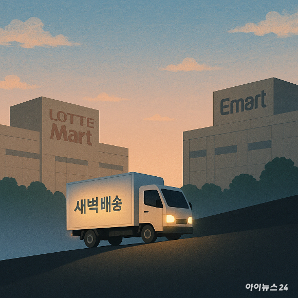 롯데마트와 이마트 사이로 달려가는 새벽배송 트럭 이미지. [사진=챗GPT]